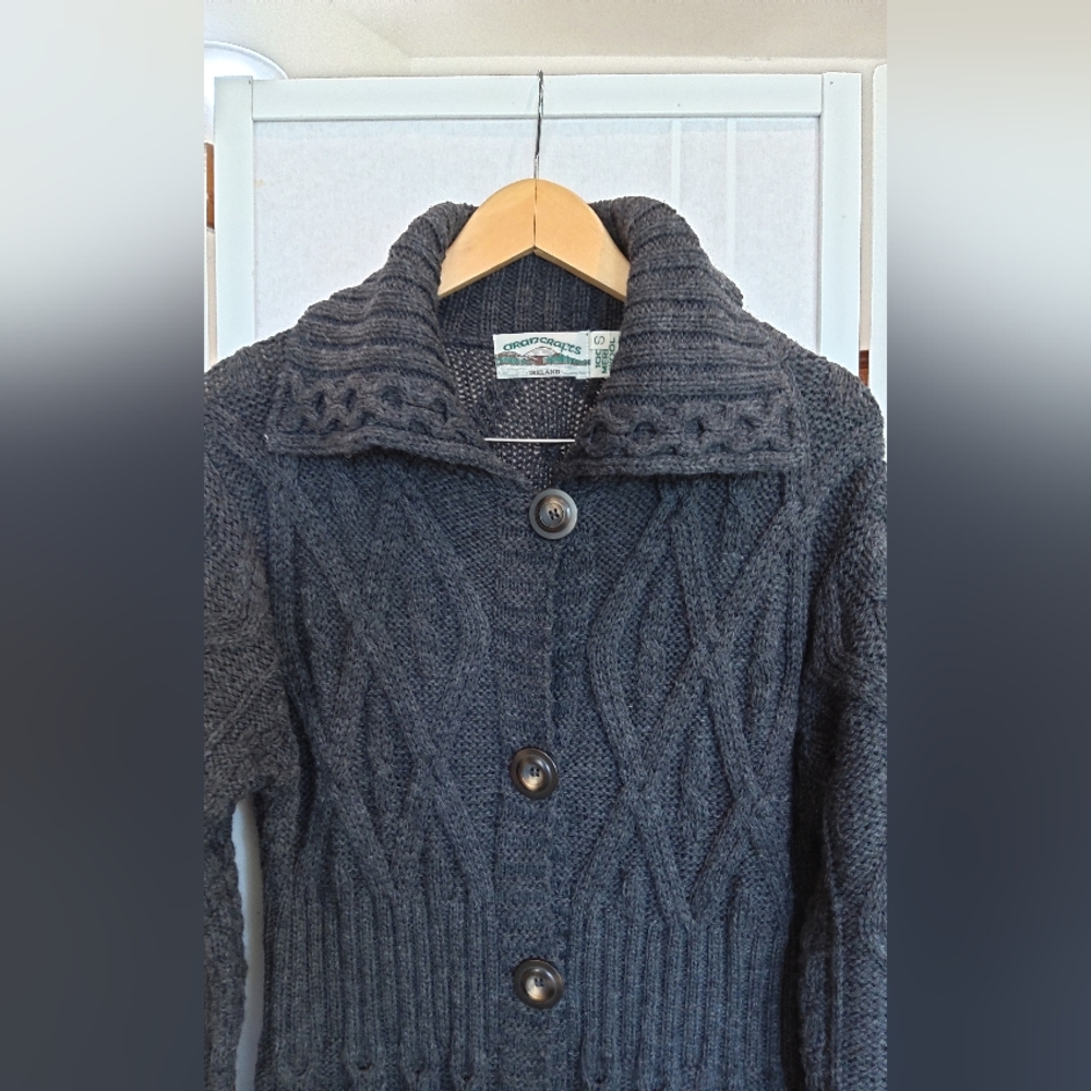 Aran crafts gray knit 100% merino wool long button up cardigan